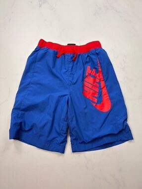 Nike Athletic Track Woven Shorts Blue Red Logo Elastic Waist - Boys XL